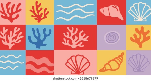 Vector seamless pattern in simple floral wavy and groovy naive style, ocean and vacation 