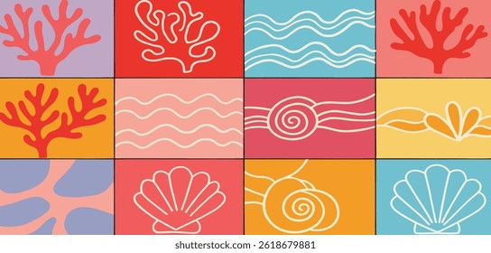 Vector seamless pattern in simple floral wavy and groovy naive style, ocean and vacation 