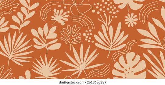 Vector seamless pattern in simple floral wavy and groovy naive style, flowers and plants, floral botanic