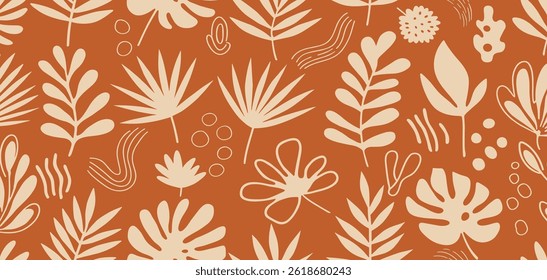 Vector seamless pattern in simple floral wavy and groovy naive style, flowers and plants, floral botanic