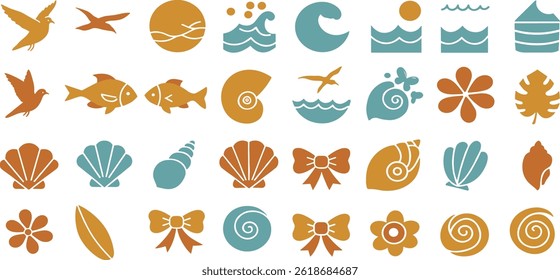 Vector seamless pattern in simple floral wavy and groovy naive style, ocean and vacation theme, flowers