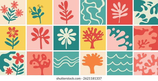 Vector seamless pattern in simple floral wavy and groovy naive style