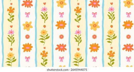 Vector seamless pattern in simple floral wavy and groovy naive style, flowers and plants, floral botanic hand drawn design templates, modern art prints, surface design