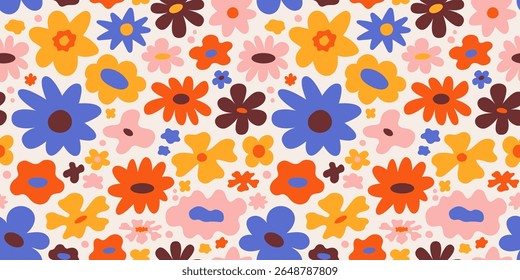 Vector seamless pattern in simple floral wavy and groovy naive style, flowers and plants, floral botanic hand drawn design templates, modern art prints, surface design