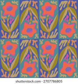 Patrón sin fisuras de Vector en estilo floral simple ondulado y groovy naive, flores y plantas, diseño floral dibujado a mano, impresiones de arte moderno.