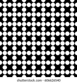Vector seamless pattern, simple floral geometric texture. White flower silhouettes on black backdrop, square grid, repeat tiles. Abstract dark background, old style design. Element for prints, decor 