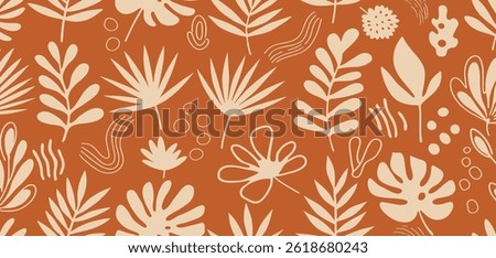 Vector seamless pattern in simple floral wavy and groovy naive style, flowers and plants, floral botanic