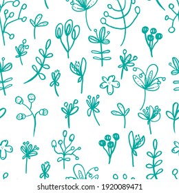 vector seamless pattern simple flowers herbs and sprigs of doodles. For backgrounds, wallpapers, children, fabrics, paper and cards. white botanical pattern