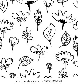 vector seamless pattern simple flowers herbs and sprigs of doodles. For backgrounds, wallpapers, children, fabrics, paper and cards.Black and white botanical pattern