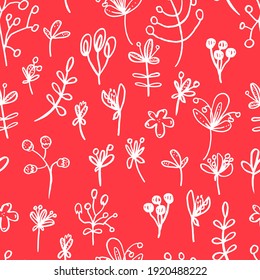 vector seamless pattern simple flowers herbs and sprigs of doodles. For backgrounds, wallpapers, children, fabrics, paper and cards. white botanical pattern