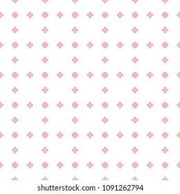 Vector seamless pattern. Simple geometric texture with small polka dots, circles, flowers. Abstract colorful minimal background in pastel colors, soft pink and white. Design for babies, girls, decor