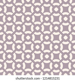 Vector seamless pattern, simple geometric texture with simple shapes, circles, squares, rounded grid. Abstract background in lilac and beige colors. Cute repeatable design for print, decoration, wrap