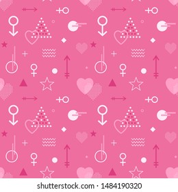 Vector seamless pattern of simple geometric shapes. Romantic background for valentines day in memphis style. Design for print.