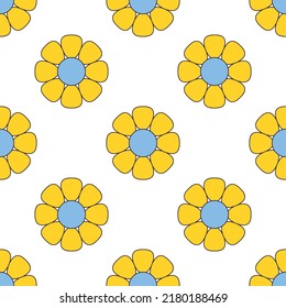 Vector seamless pattern with simple geometric graphic hippie flowers for print, paper, textile, cover, fabric, interior decor.
Flat minimal colorful retro or vintage illustration

