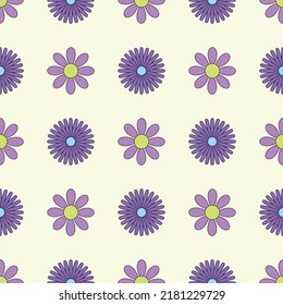 Vector seamless pattern with simple geometric graphic hippie flowers for print, paper, textile, cover, fabric, interior decor.
Flat minimal colorful retro or vintage illustration
