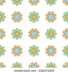Vector seamless pattern with simple geometric graphic hippie flowers for print, paper, textile, cover, fabric, interior decor.
Flat minimal colorful retro or vintage illustration
