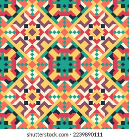 Vector seamless pattern of simple geometric shapes. Repeating endless ornament of squares, rhombuses and triangles. Colorful abstract background, wallpaper. Image with kaleidoscope effect, tiles