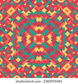 Vector seamless pattern of simple geometric shapes. Repeating endless ornament of squares, rhombuses and triangles. Colorful abstract background, wallpaper. Image with kaleidoscope effect, tiles