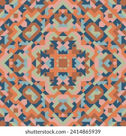 Vector seamless pattern of simple geometric shapes. Repeating endless ornament of squares, rhombuses and triangles. Colorful abstract background, wallpaper. Image with kaleidoscope effect, tiles