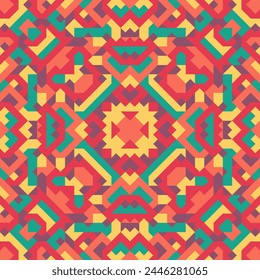 Vector seamless pattern of simple geometric shapes. Repeating endless ornament of squares, rhombuses and triangles. Colorful abstract background, wallpaper. Image with kaleidoscope effect, tiles
