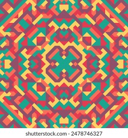 Vector seamless pattern of simple geometric shapes. Repeating endless ornament of squares, rhombuses and triangles. Colorful abstract background, wallpaper. Image with kaleidoscope effect, tiles