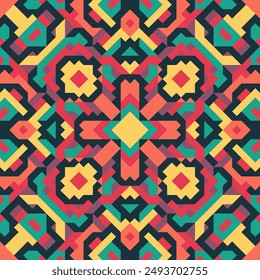 Vector seamless pattern of simple geometric shapes. Repeating endless ornament of squares, rhombuses and triangles. Colorful abstract background, wallpaper. Image with kaleidoscope effect, tiles