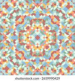 Vector seamless pattern of simple geometric shapes. Repeating endless ornament of squares, rhombuses and triangles. Colorful abstract background, wallpaper. Image with kaleidoscope effect, tiles