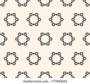 Vector seamless pattern with simple geometric snowflakes, icy figures. Abstract monochrome black and white texture. Stylish modern minimalist background. Repeat design for prints, decor, wrapping