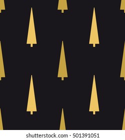 Vector seamless pattern with simple golden spruces on the black background. Design for fabric and decoration. 
