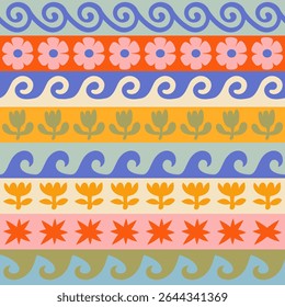 Vector seamless pattern in simple groovy naive style, geometric shapes hand drawn design background, modern art prints, surface design

