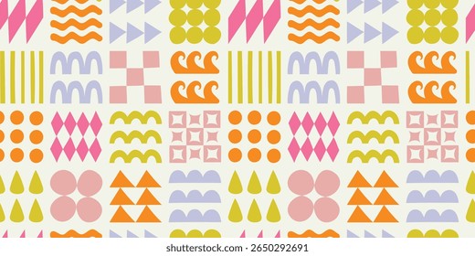 Vector seamless pattern in simple groovy naive style, geometric shapes hand drawn design background, modern art prints, surface design