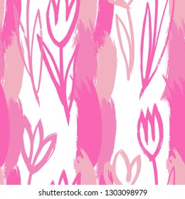 Vector seamless pattern with simple hand drawn tulips flowers and lines from strokes . Pink colors.