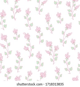 Vector seamless pattern : simple hand drawn roses in pastel colors. Tender, pretty design in vintage style for textile, wrapping paper, romantic wedding decor. Nice summer flowers.