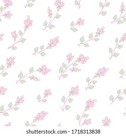 Patrón transparente del vector: rosas simples dibujadas a mano en colores pastel. Tender, bonito diseño en estilo vintage para textiles, papel envuelto, romántica decoración de bodas. Bonitas flores de verano.