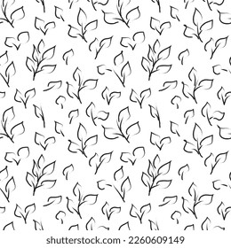 Vector seamless pattern with simple hand drawn lines twigs and leaves. Monochrome doodle template for printing, packaging. wallpapers, textiles, design