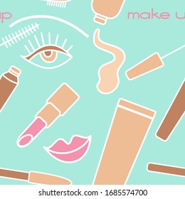 Vector seamless pattern. Simple  illustration of decorative cosmetics in pastel colors: blue, beige,pink,white. Mascara, lipstick, brow pencil, tone cream, eye and  lips. Words make up. 