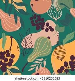 Vector seamless pattern with simple grapes, pears and leaves. Trendy hand drawn textures. Modern abstract design