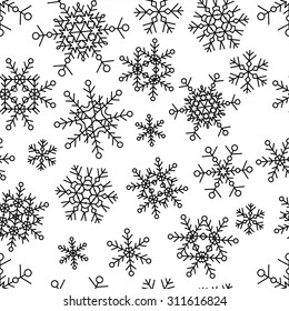 Vector seamless pattern with simple linear snowflakes. Hipster black and white design illustration. Winter holiday background.