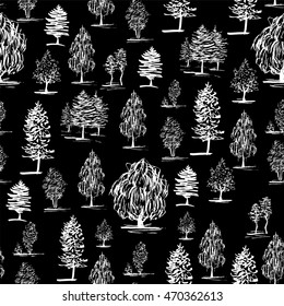 Vector seamless pattern in simple minimalistic style. Black and white hand drawn trees, wood, forest. Endless paper, fabric, cotton or web print. Chalkboard design