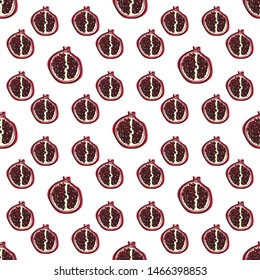 Vector seamless pattern. Simple modern style design. Fruits of ripe pomegranate on white background.  Abstract hand drawing style. Background for wallpaper, paper, decor and more 