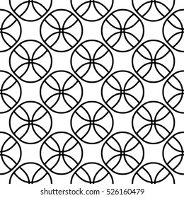 Vector seamless pattern, simple monochrome black & white geometric texture, illustration on balls, fans. Endless repeat abstract background. Design element for prints, textile, digital, decor, package