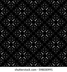 Vector seamless pattern, simple monochrome geometric texture. Diagonal thin lines, repeat tiles, tiny crosses. Abstract black & white background. Stylish dark design for decor, digital, web, textile 