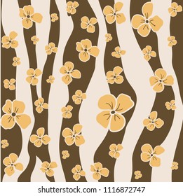 Vector seamless pattern - simple ocher flowers on abstract brown and gray colors background. Floral modern design. Minimalism style.