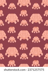 Vector seamless pattern with simple peonies in a row. Texture with stylized pink flowers on a burgundy background for fabrics and wrapping paper