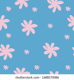 Vector seamless pattern with simple pink flowers on blue background