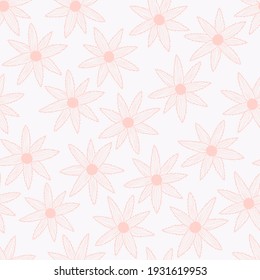 Vector seamless pattern with simple pink flowers on white background. For wallpapers, decoration, invitation, fabric, textile and print, package design, gift and wrapping paper.