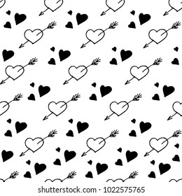 Vector seamless pattern. Simple repeating texture with outline doodle hearts. Stylish hipster texture.