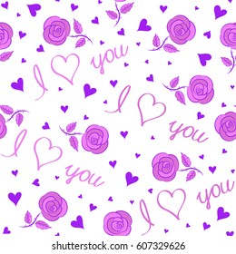Vector seamless pattern. Simple repeating texture with chaotic hearts, and text in violet and pink colors. Stylish hipster texture on a white background.