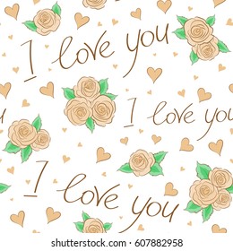 Vector seamless pattern. Simple repeating texture with chaotic hearts, and text in brown and beige colors. Stylish hipster texture on a white background.