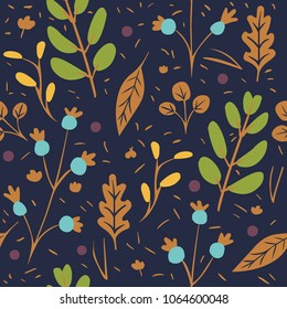 Vector seamless pattern in simple scandinavian style. Green and orange herbs on dark blue background